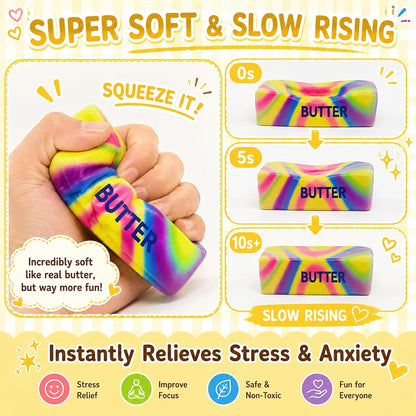 4pcs Colorful Butter Squishies, Soft Butter-Shaped Slow Rising Squishy, Stress Relief Anxiety Relaxation Squeezes, Big Butter Squeeze 4 oz with Milk Aroma, Party Favors and Classroom Prizes