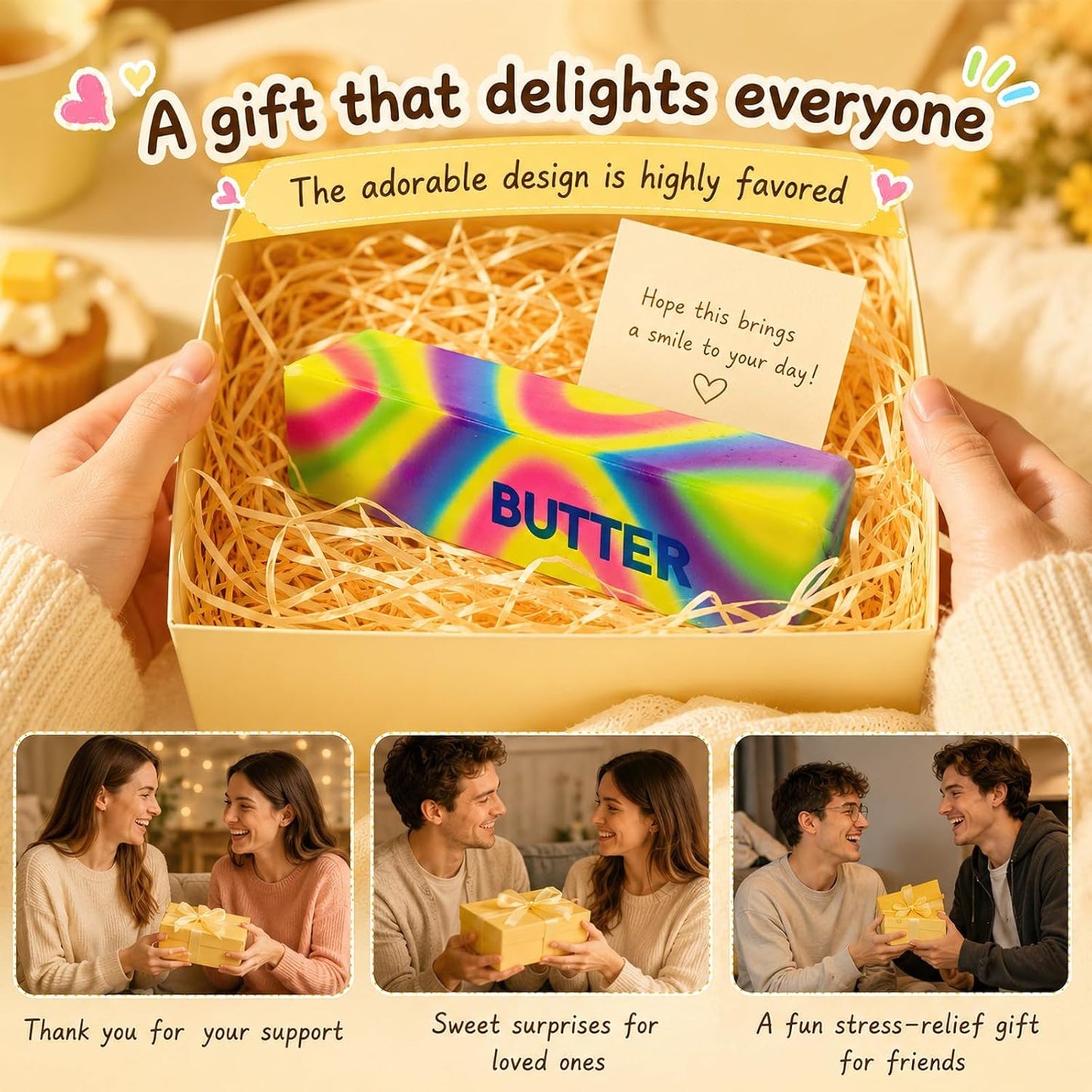 4pcs Colorful Butter Squishies, Soft Butter-Shaped Slow Rising Squishy, Stress Relief Anxiety Relaxation Squeezes, Big Butter Squeeze 4 oz with Milk Aroma, Party Favors and Classroom Prizes