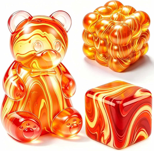 3 Pack Gummy Bear Squishies Toys, 3D Stress Cube Slow Rising, Square Shape Squeeze Toys for Adults, Slow Rising Squishies Stress Balls Birthday Gifts Party Favors, Stocking Stuffers (Yellow)