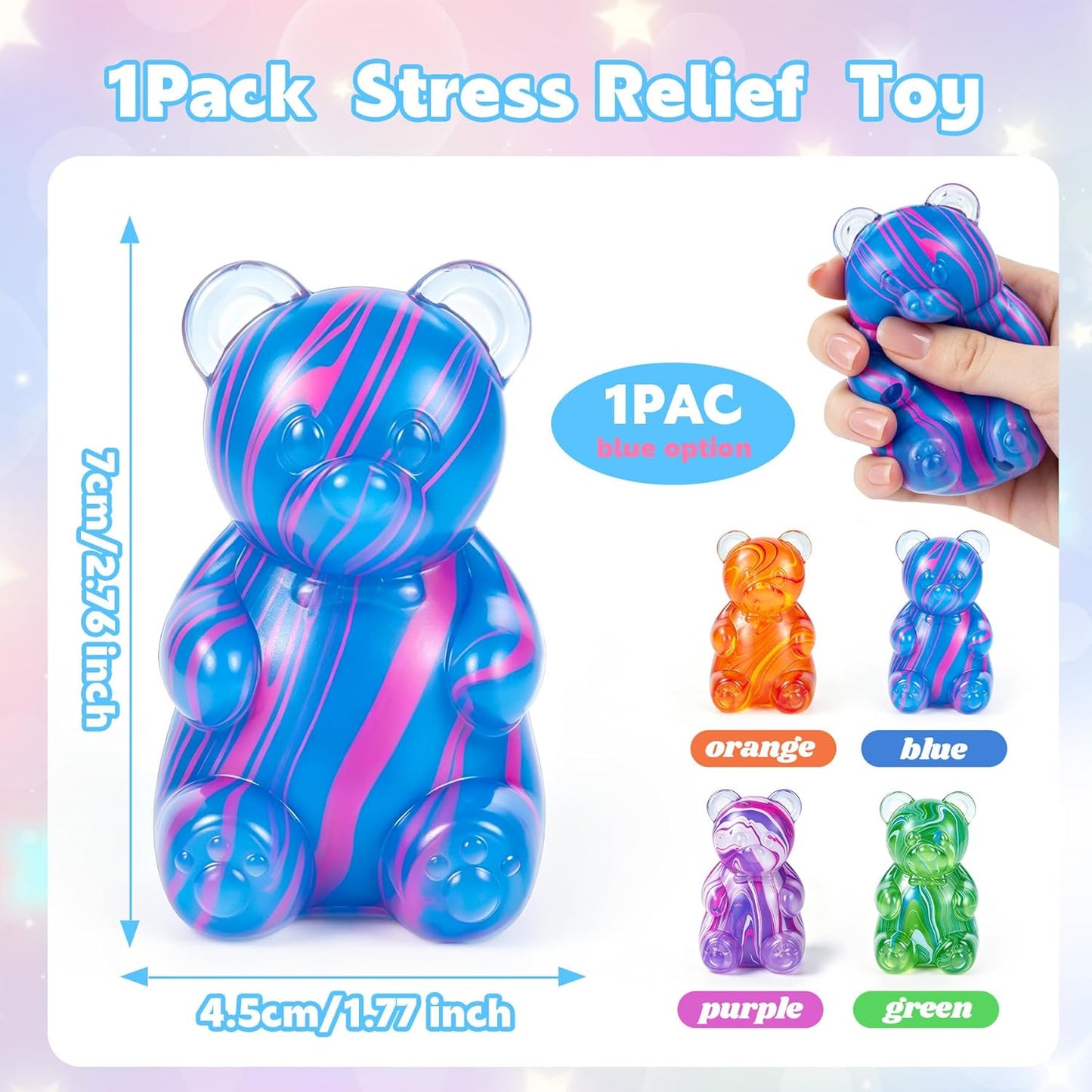 Gummy Bear Squishyies Fidget,Color Maltose Filled Squeeze Toys Slow Rising Squishy Stress Balls Adults Kids Party Favors,Classroom Prizes(Blue)