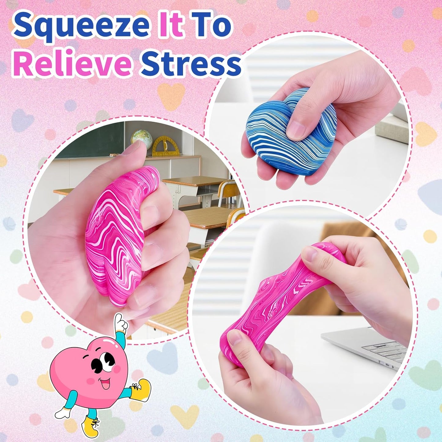 2 Pcs Stress Balls Fidget Toys, Heart Squeeze Toys Slow Rising, Stress Balls for Adults, Christmas, Party Favors, Stocking Stuffers