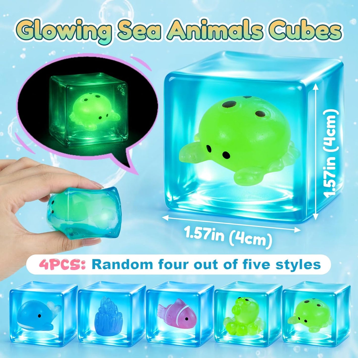 4 Pack Glow in the Dark Sea Animal Squishy Toys, Stress Cube & Stress Balls Sensory Squeeze Toys, Anxiety Relief Calming Stretchy Desk Toys for Kids Adults