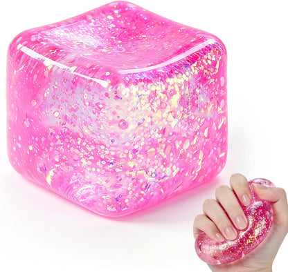 Squishy Cube, Ice Cube Squishy Stress Cube for Adults,Glitter Squishy Slow Rising Fidget Cube Sensory for Anxiety Stress Relief High Density Ice Squeeze Ball Cubes(Pink)