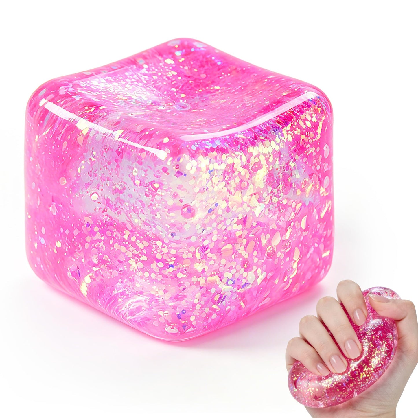 Squishy Cube, Ice Cube Squishy Stress Cube for Adults,Glitter Squishy Slow Rising Fidget Cube Sensory for Anxiety Stress Relief High Density Ice Squeeze Ball Cubes(Pink)