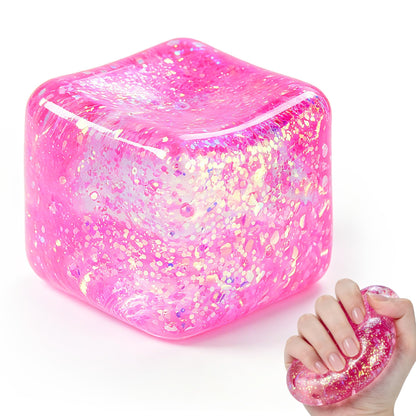 Squishy Cube, Ice Cube Squishy Stress Cube for Adults,Glitter Squishy Slow Rising Fidget Cube Sensory for Anxiety Stress Relief High Density Ice Squeeze Ball Cubes(Pink)