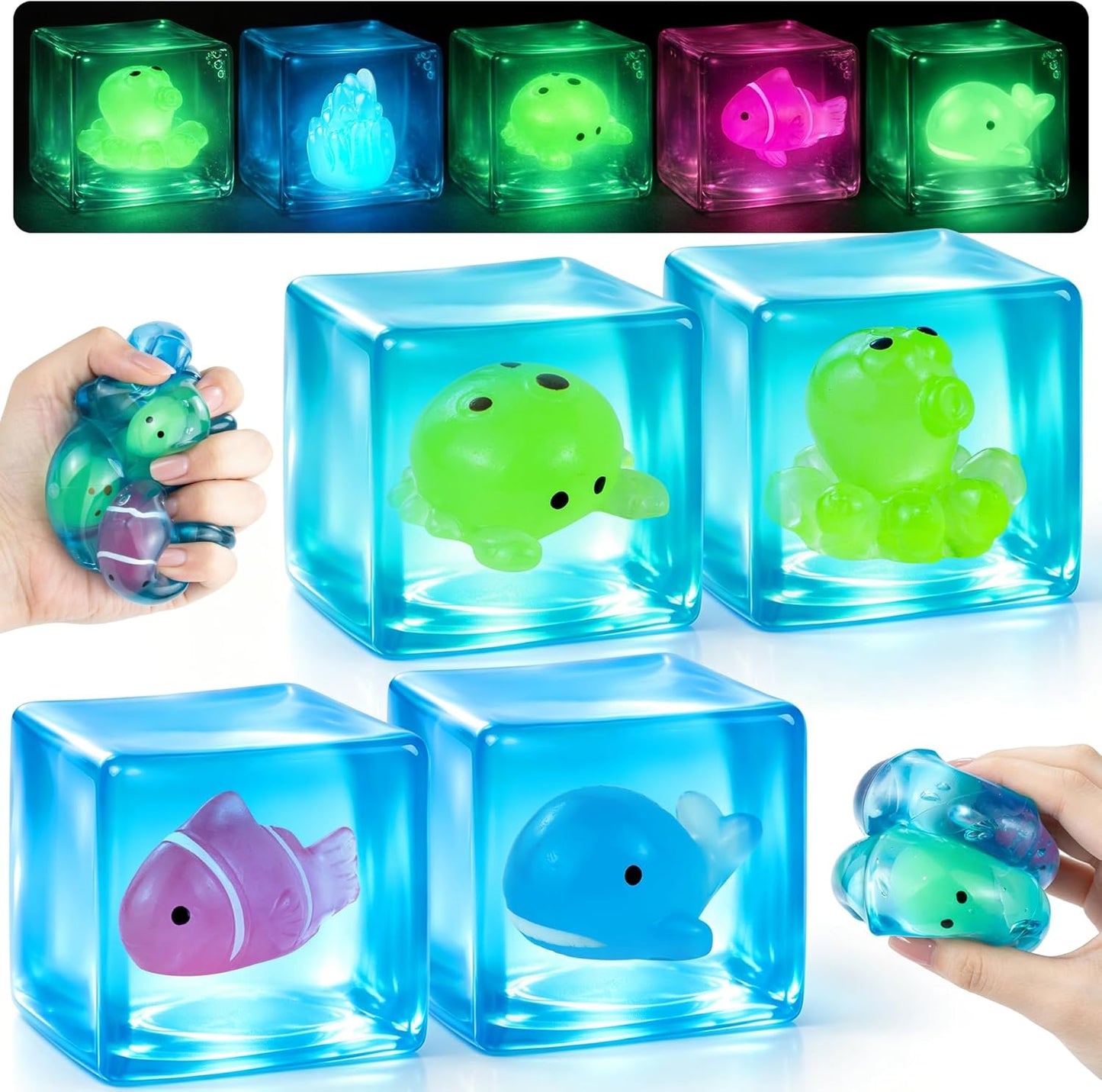 4 Pack Glow in the Dark Sea Animal Squishy Toys, Stress Cube & Stress Balls Sensory Squeeze Toys, Anxiety Relief Calming Stretchy Desk Toys for Kids Adults