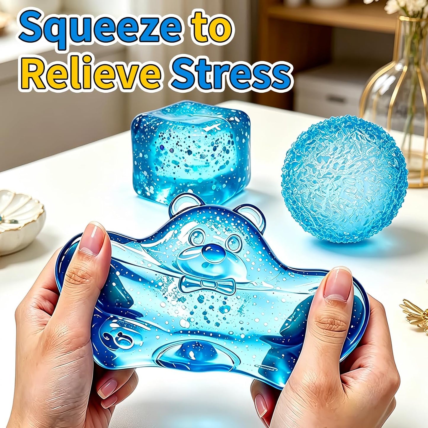 3 Pcs Stress Balls Fidget Toys, Blue Stress Cube Slow Rising, Squeeze Toys for Adults, Classroom Prizes, Christmas, Party Favors, Stocking Stuffers