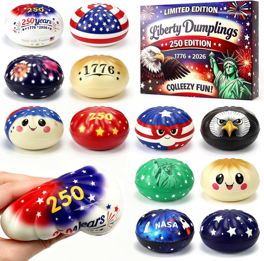 250th Anniversary USA Themed Dumpling Squishies Set, 12 Unique Commemorative Style Soft Stress Balls, Squeeze Fidget Toys, Anxiety Relief Squishies Dough Gifts for, Suitable for Ages 18 up