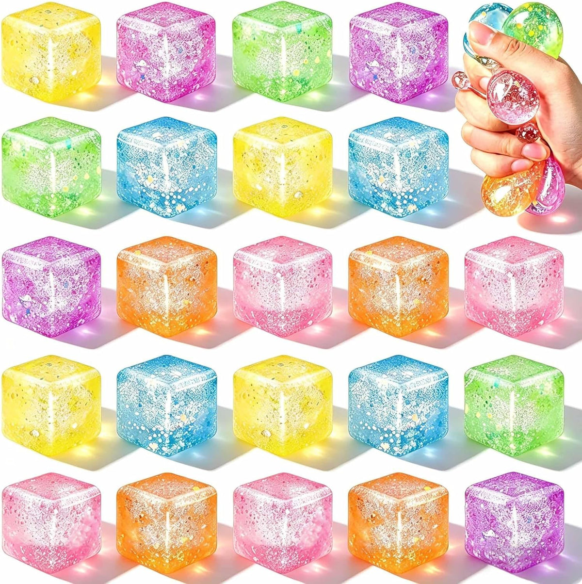 24 Pack Slow Rising Ice Cube Squishies Stress Balls，Stress Cube for Adults, Sensory Fidget Toy