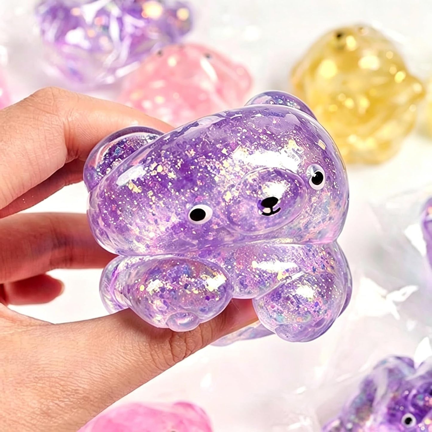 4PCS Transparent Glitter Sugar Bear Squishy Toys, Slow Rising TPR Gummy Bear Stress Relief Fidget Balls, Sensory Calming & Anxiety Relief Office Supplies for All Ages Party Favors