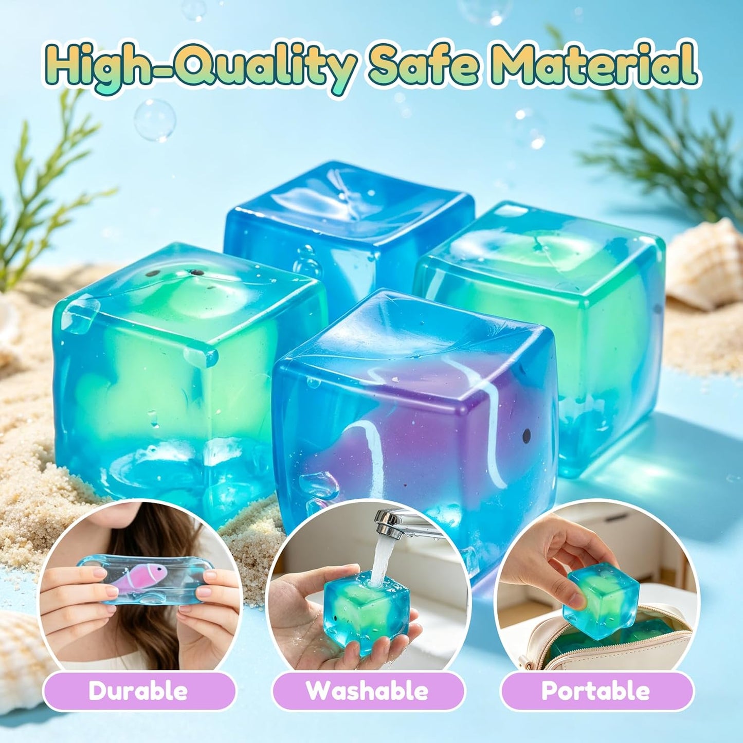 4 Pack Glow in the Dark Sea Animal Squishy Toys, Stress Cube & Stress Balls Sensory Squeeze Toys, Anxiety Relief Calming Stretchy Desk Toys for Kids Adults