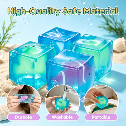 4 Pack Glow in the Dark Sea Animal Squishy Toys, Stress Cube & Stress Balls Sensory Squeeze Toys, Anxiety Relief Calming Stretchy Desk Toys for Kids Adults