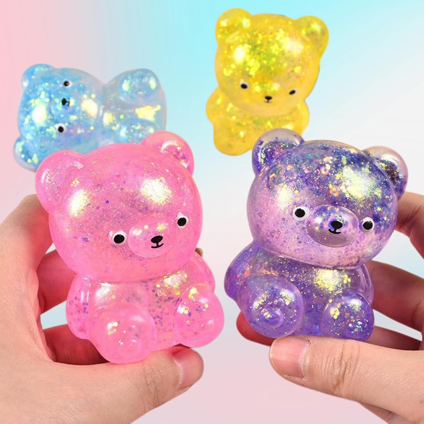4PCS Transparent Glitter Sugar Bear Squishy Toys, Slow Rising TPR Gummy Bear Stress Relief Fidget Balls, Sensory Calming & Anxiety Relief Office Supplies for All Ages Party Favors
