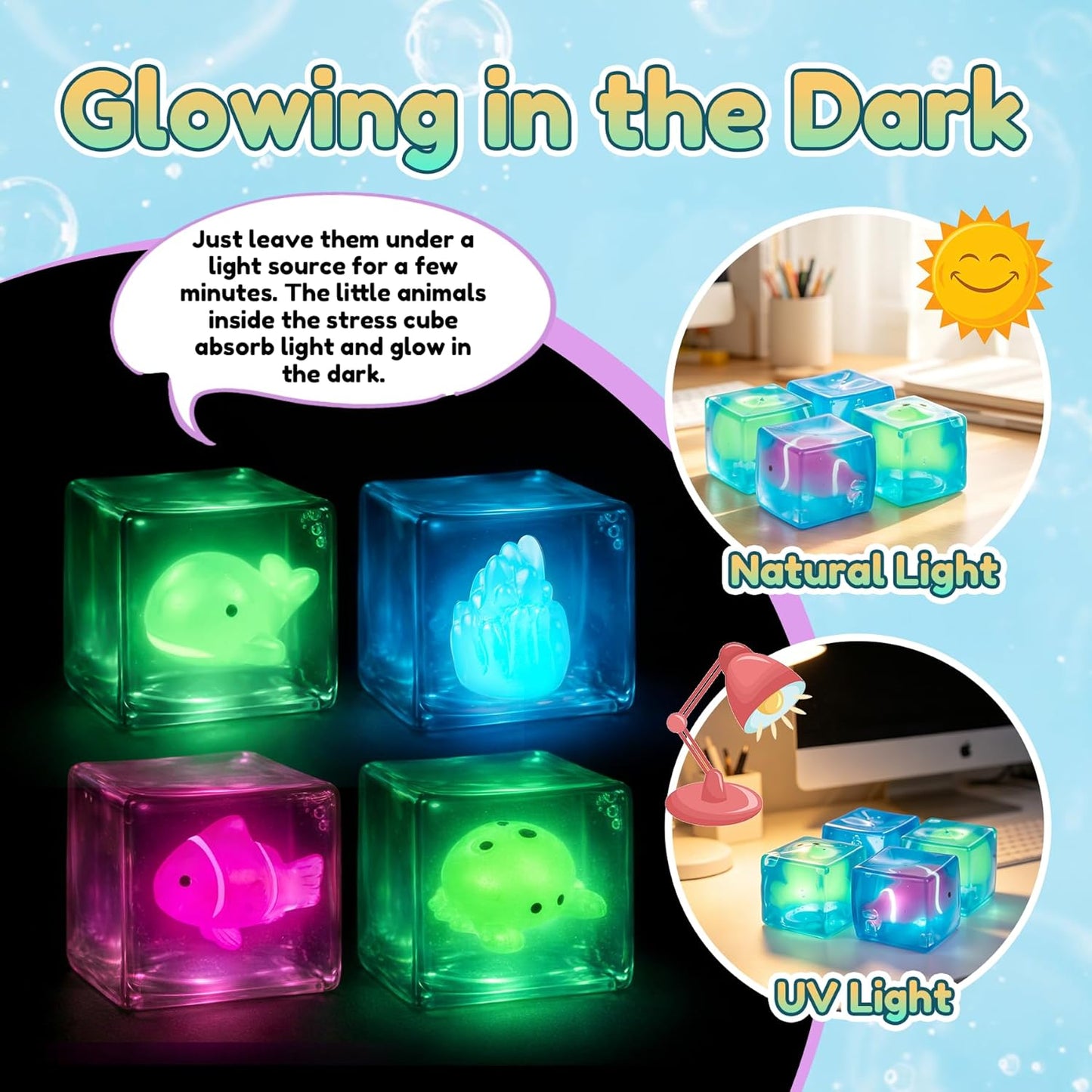 4 Pack Glow in the Dark Sea Animal Squishy Toys, Stress Cube & Stress Balls Sensory Squeeze Toys, Anxiety Relief Calming Stretchy Desk Toys for Kids Adults