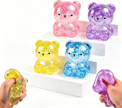 4PCS Transparent Glitter Sugar Bear Squishy Toys, Slow Rising TPR Gummy Bear Stress Relief Fidget Balls, Sensory Calming & Anxiety Relief Office Supplies for All Ages Party Favors