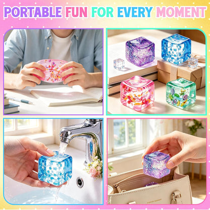 4Pcs Ice Cube Stress Balls, Cube Fidget Toys Adults for Kids, Glitter Filled Sensory Toys, Ocean Fruit Snow Flake Squeeze Toys, Slow Rise Squishies Stress Balls for Party, Festival, Birthday Toy Gift