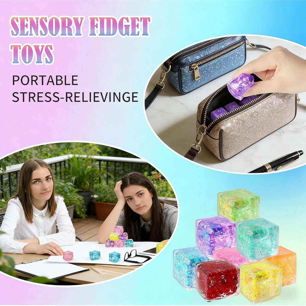 24 Pack Slow Rising Ice Cube Squishies Stress Balls，Stress Cube for Adults, Sensory Fidget Toy