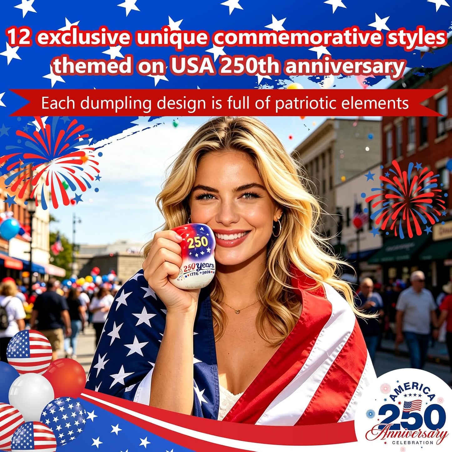 250th Anniversary USA Themed Dumpling Squishies Set, 12 Unique Commemorative Style Soft Stress Balls, Squeeze Fidget Toys, Anxiety Relief Squishies Dough Gifts for, Suitable for Ages 18 up
