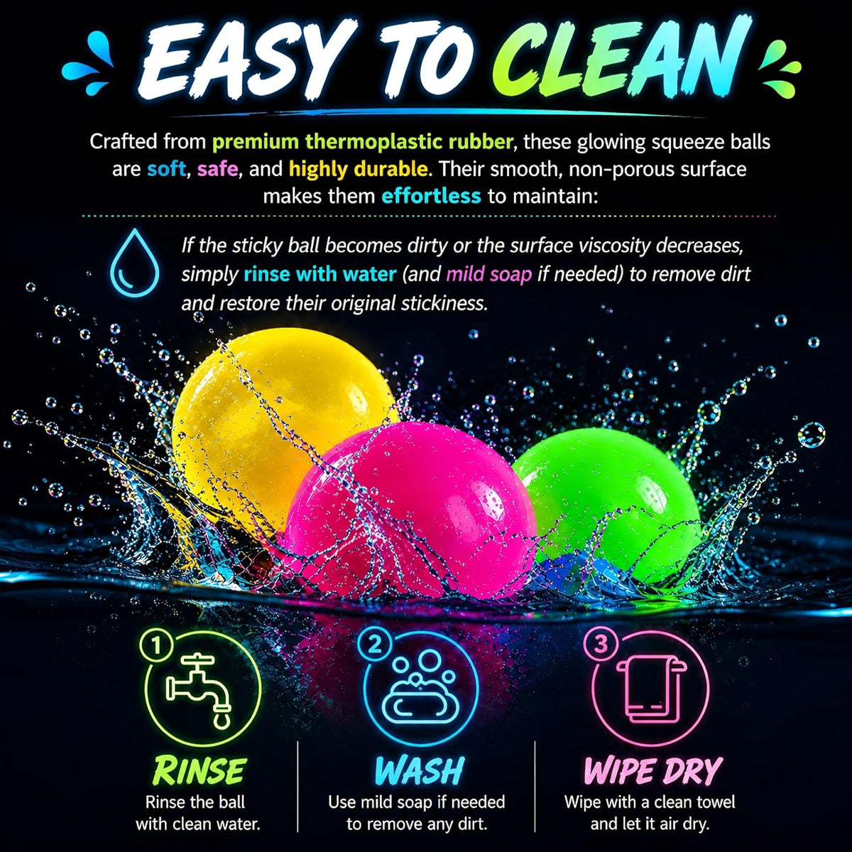 4 Pack Glow in The Dark Stress Balls, Glowing Sticky Balls Fidget Toys, Soft Squishies Squeeze Toys for Adults & Teens, Stress Relief Squishies Toys