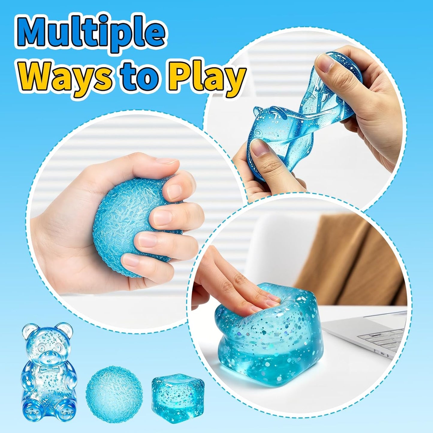 3 Pcs Stress Balls Fidget Toys, Blue Stress Cube Slow Rising, Squeeze Toys for Adults, Classroom Prizes, Christmas, Party Favors, Stocking Stuffers