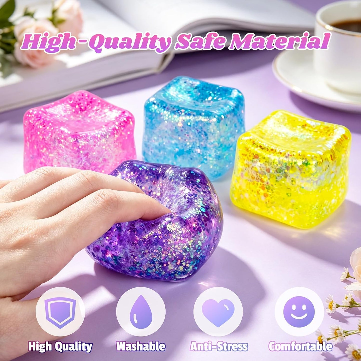 Squishy Cube, Ice Cube Squishy Stress Cube for Adults,Glitter Squishy Slow Rising Fidget Cube Sensory for Anxiety Stress Relief High Density Ice Squeeze Ball Cubes(Pink)