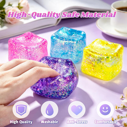 Squishy Cube, Ice Cube Squishy Stress Cube for Adults,Glitter Squishy Slow Rising Fidget Cube Sensory for Anxiety Stress Relief High Density Ice Squeeze Ball Cubes(Pink)