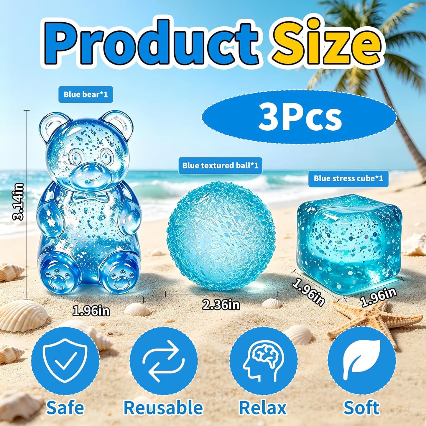 3 Pcs Stress Balls Fidget Toys, Blue Stress Cube Slow Rising, Squeeze Toys for Adults, Classroom Prizes, Christmas, Party Favors, Stocking Stuffers