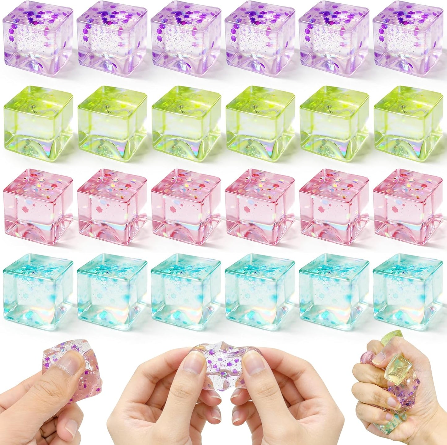 24Pcs Glitter Ice Cube Squishy,Bulk Stress Sparkle Fidget Toys, Ice Cube Squeeze Toys - Square Sensory Toys, Squeeze Toys - Small Stress Balls for Adults, Perfect Party Toy Gift