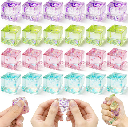 24Pcs Glitter Ice Cube Squishy,Bulk Stress Sparkle Fidget Toys, Ice Cube Squeeze Toys - Square Sensory Toys, Squeeze Toys - Small Stress Balls for Adults, Perfect Party Toy Gift