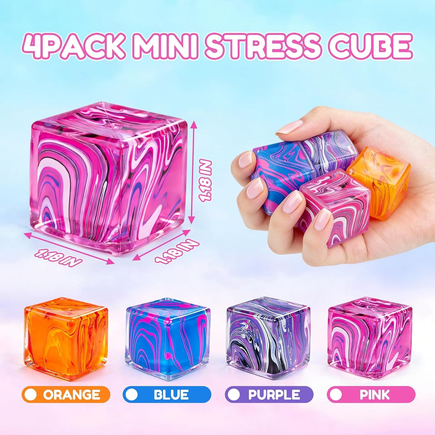4 Pack Sensory Squeeze Cubes, Soft Stretchy Fidget Toys for Kids and Adults, Stress Reducing Hand Toys for Focus, Calm, and Relaxation, Durable Silicone Stress Relief Toys for Classroom and Office