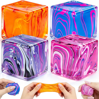 4 Pack Sensory Squeeze Cubes, Soft Stretchy Fidget Toys for Kids and Adults, Stress Reducing Hand Toys for Focus, Calm, and Relaxation, Durable Silicone Stress Relief Toys for Classroom and Office