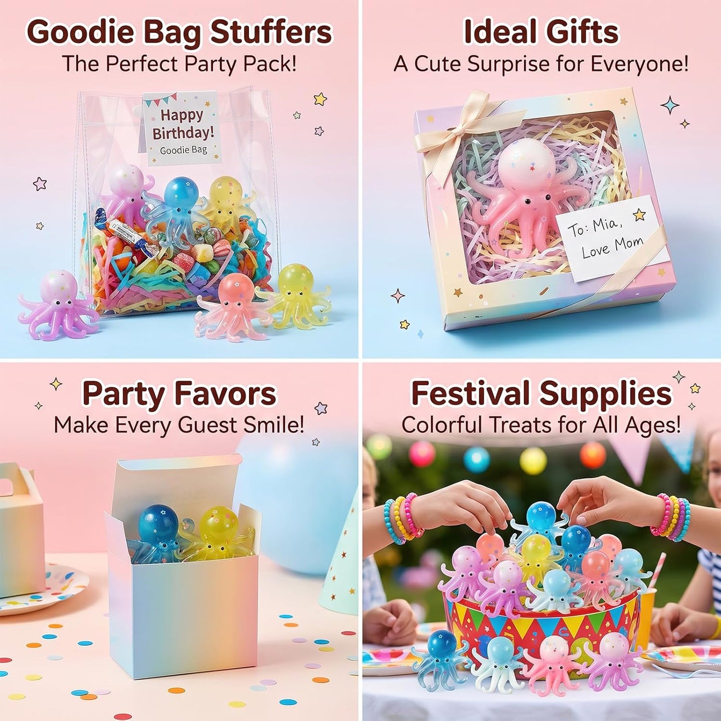 6 Pack Octopus Squishies, Slow Rising Squishies Octopu Stress Relief Stress Ball, Octopus Sugar Ball Sensory Toys for Teens and Adults, Squeeze Ball Set and Birthday Party Favors