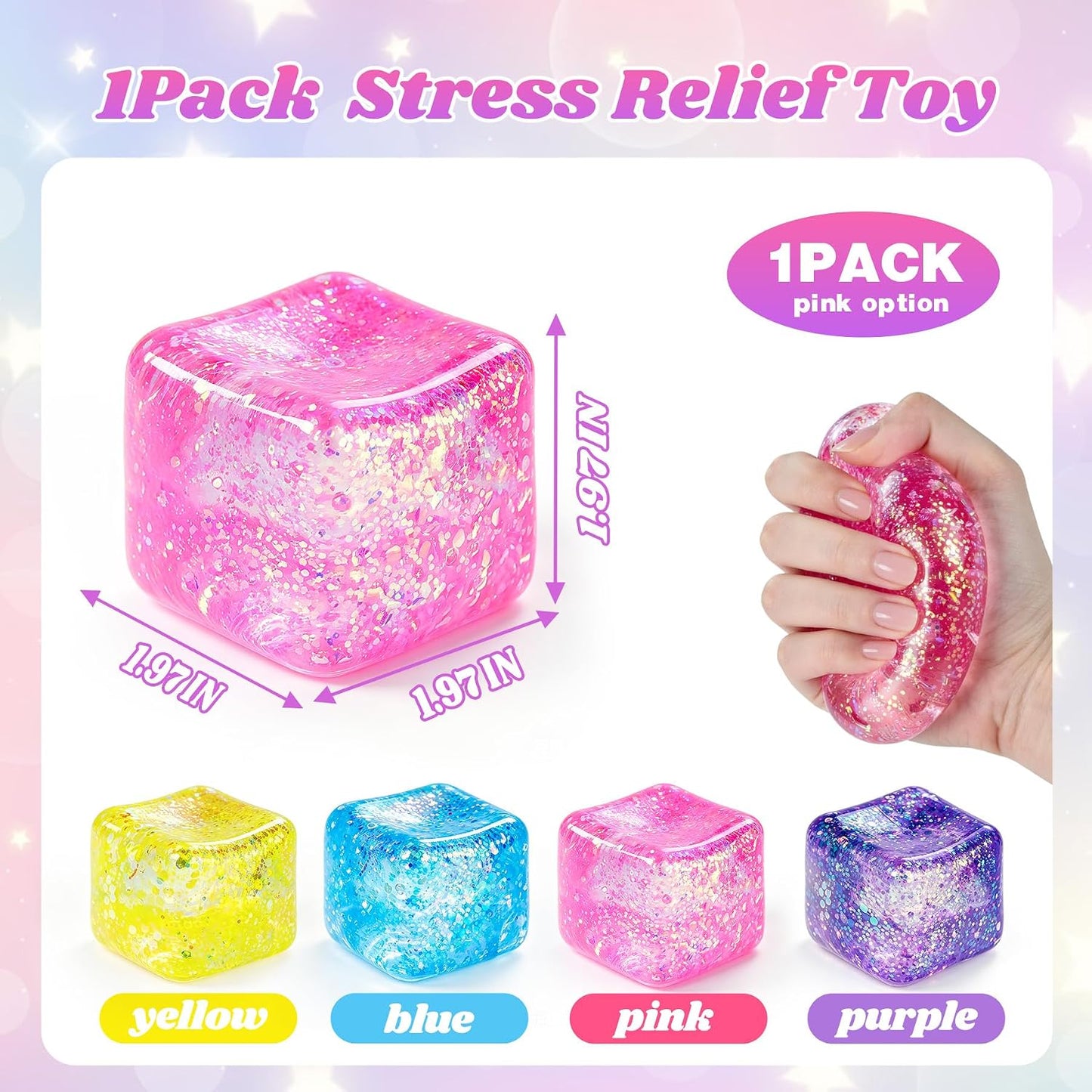 Squishy Cube, Ice Cube Squishy Stress Cube for Adults,Glitter Squishy Slow Rising Fidget Cube Sensory for Anxiety Stress Relief High Density Ice Squeeze Ball Cubes(Pink)