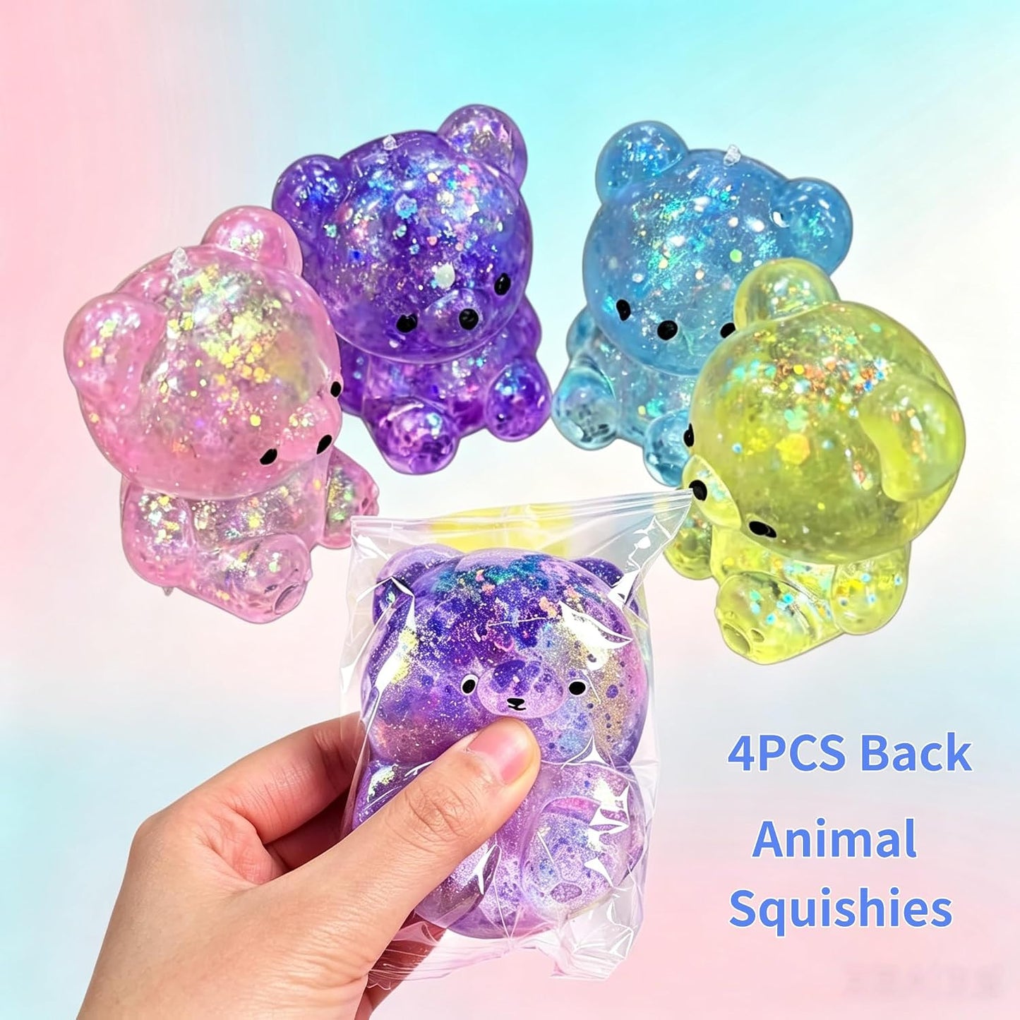 4PCS Transparent Glitter Sugar Bear Squishy Toys, Slow Rising TPR Gummy Bear Stress Relief Fidget Balls, Sensory Calming & Anxiety Relief Office Supplies for All Ages Party Favors
