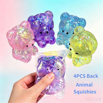 4PCS Transparent Glitter Sugar Bear Squishy Toys, Slow Rising TPR Gummy Bear Stress Relief Fidget Balls, Sensory Calming & Anxiety Relief Office Supplies for All Ages Party Favors